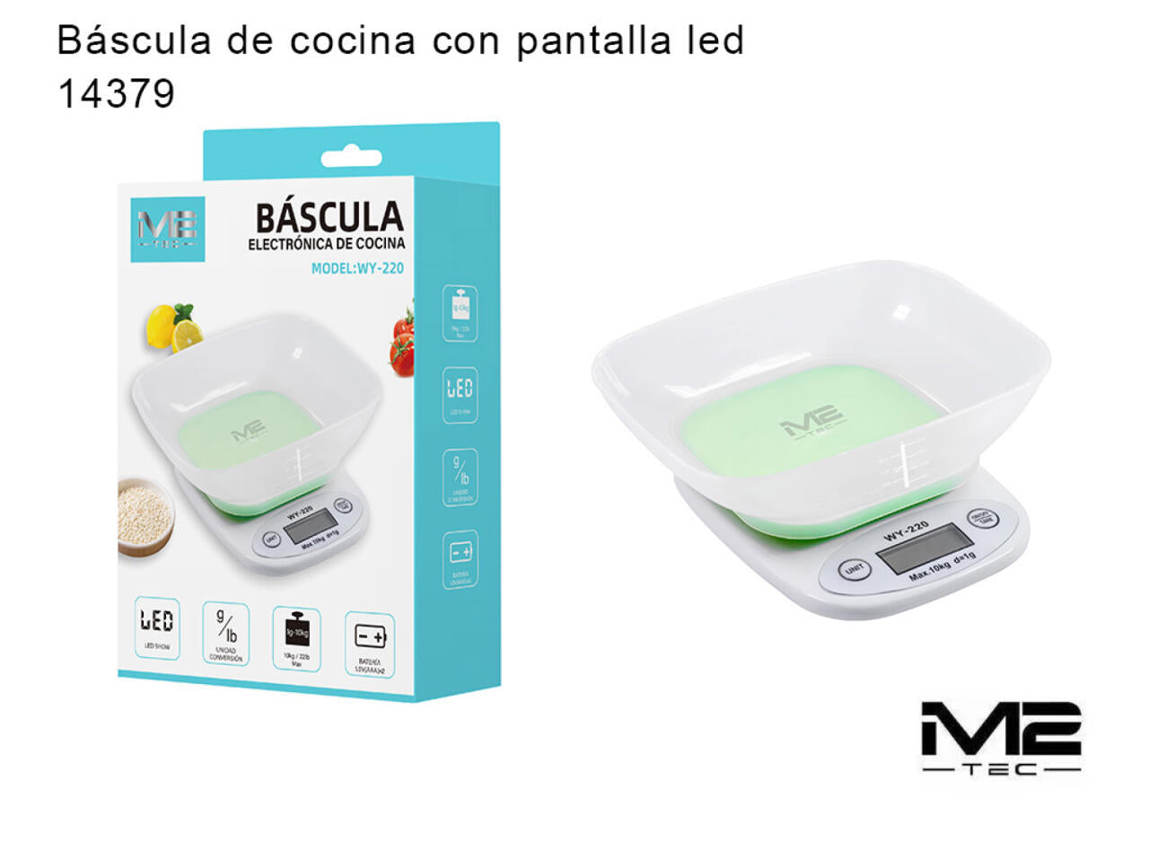 Báscula de cocina electrónica con pantalla LED y taza medidora