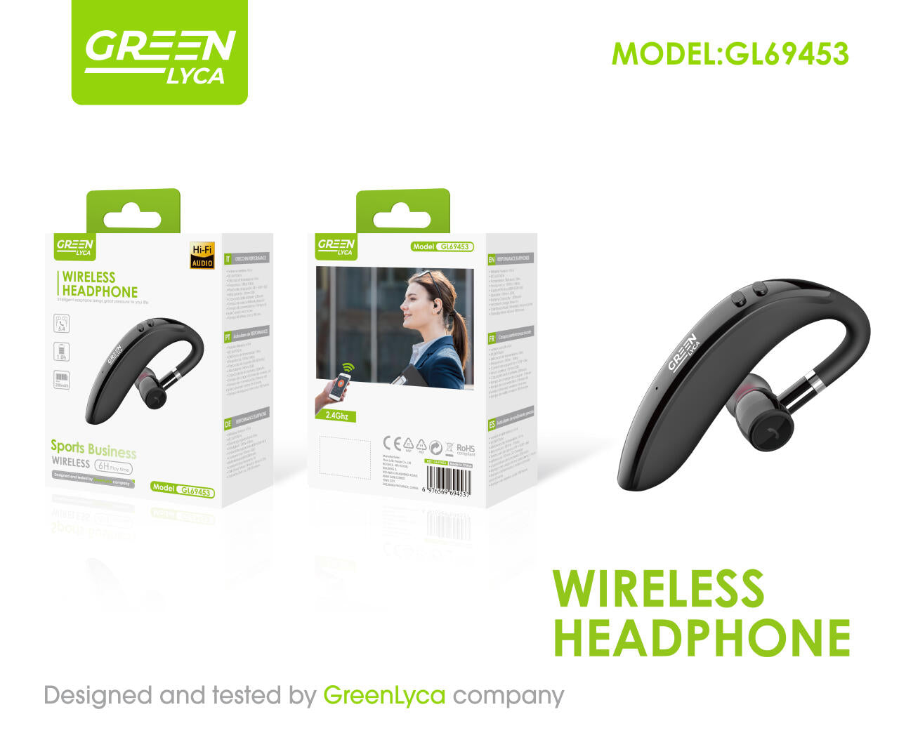 Auricular Bluetooth mono ligero y cómodo, BT 5.4, Green Lyca