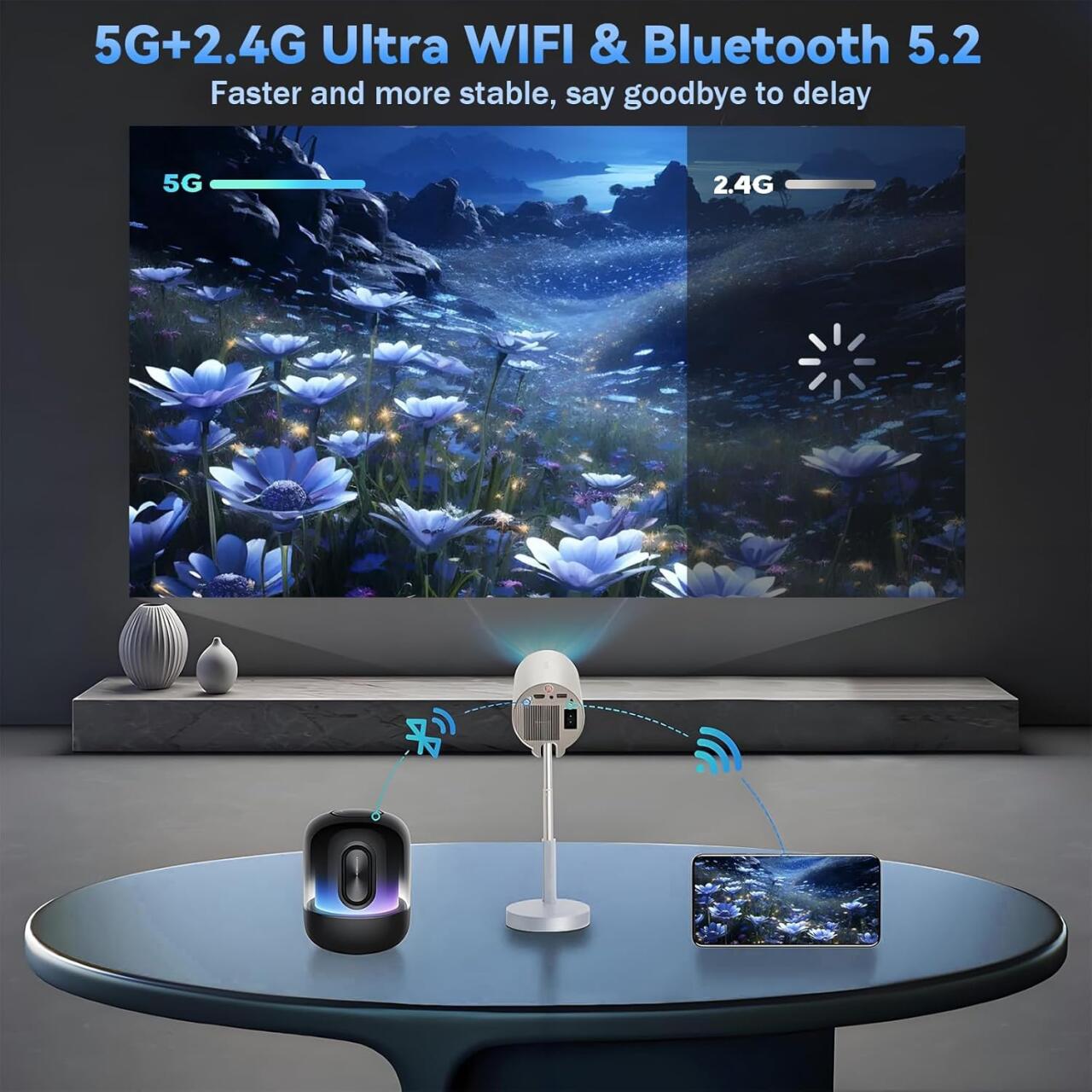 Proyector inteligente inalámbrico WiFi + Bluetooth con cabezal ajustable a 90° 📽️✨